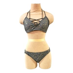 Hot Water brand, size small, 2 piece Green with gold designs bikini